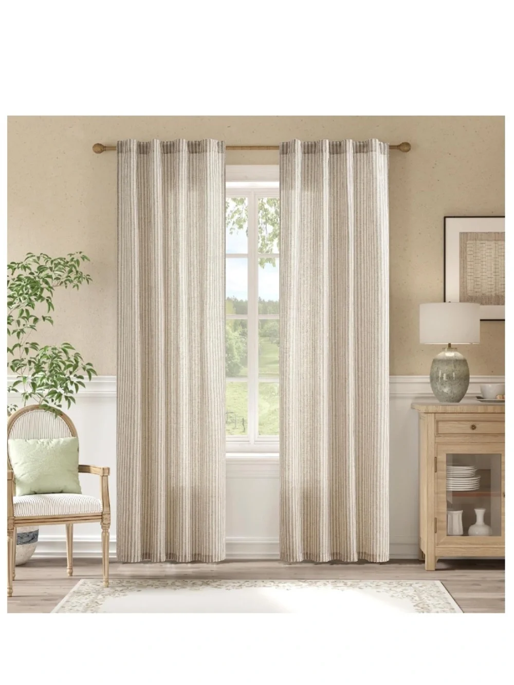Striped Curtains Light-Filtering Rod Pocket Back Tab - TAUPE GRAY ON BEIGE